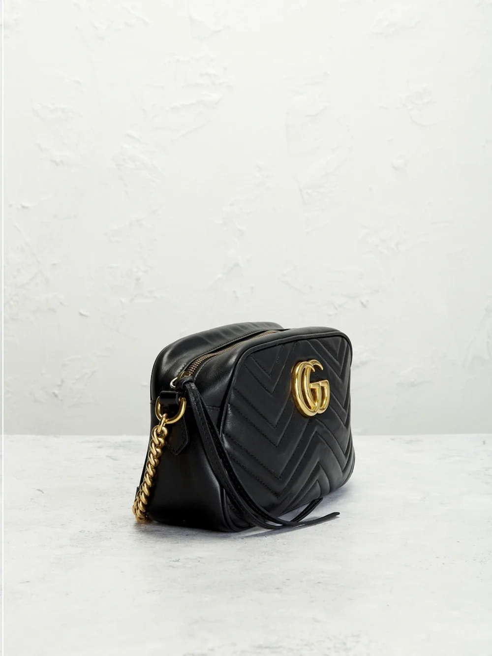 Gucci Black GG Marmont Chevron Camera Crossbody with Gold Hardware